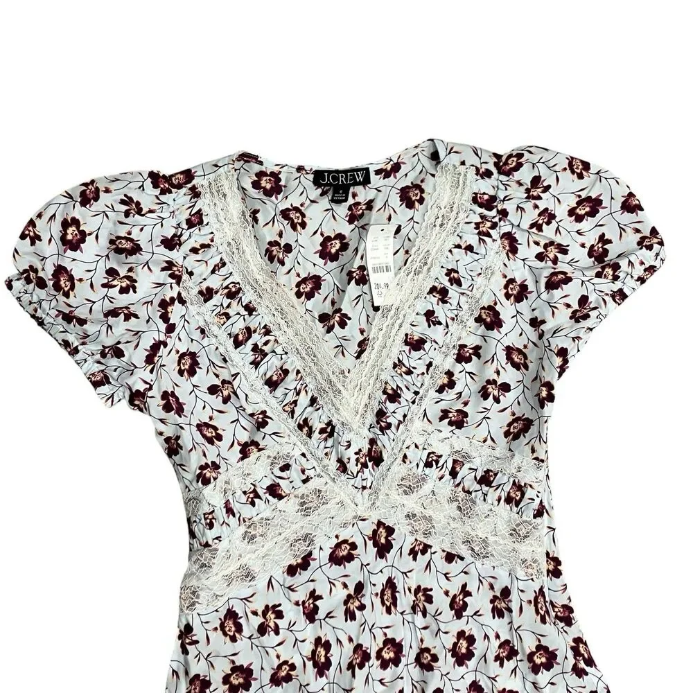 J Crew Midi Floral Lace Trim Dress Womens 0 White Burgundy V Neck Puff CS846